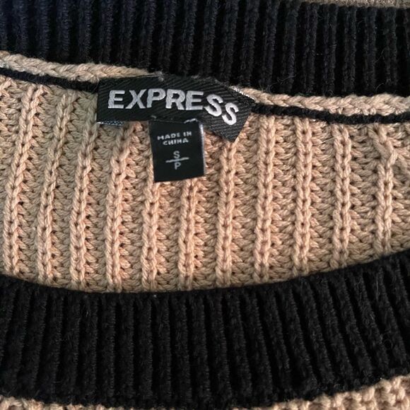 Express Brown black cream color block knit sweater cotton blend sz S crew neck - Picture 5 of 10